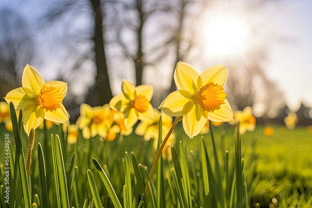 Daffodils in spring backlit by sun. Daffodils in spring backlit by sun.