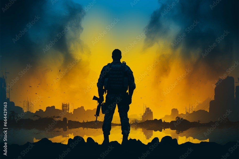 Silhouette of a soldier stands out against the yellow blue gradient