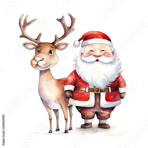 Cute Santa Claus standing with reindeer. © MDBILLAL