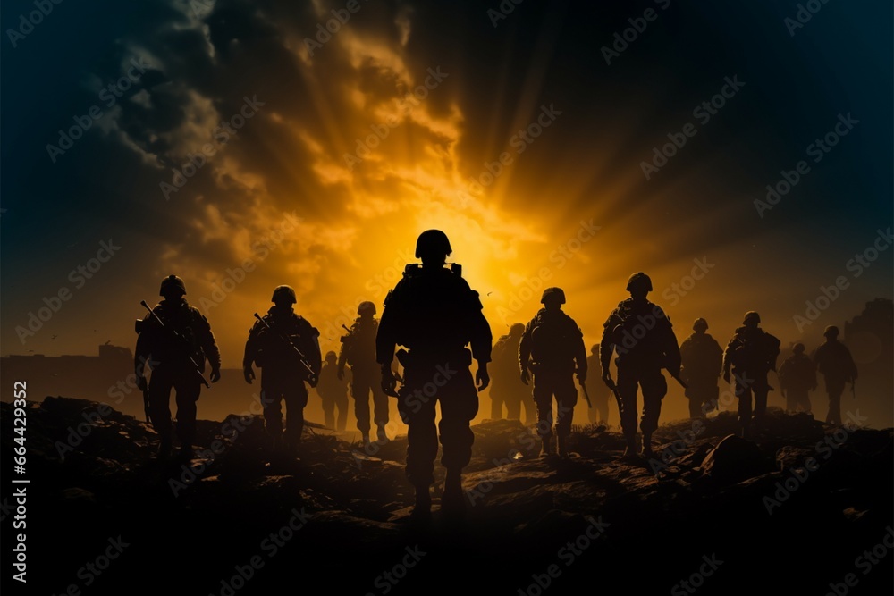 Silhouetted army soldiers command attention with their unwavering presence