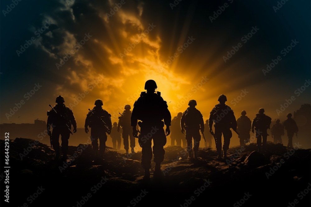 Silhouetted army soldiers command attention with their unwavering presence Silhouetted army soldiers command attention with their unwavering presence