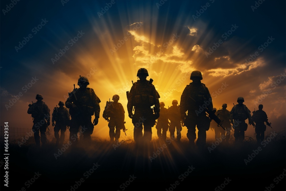 Silhouetted army soldiers, Brave in the Dark, symbolize fearless dedication