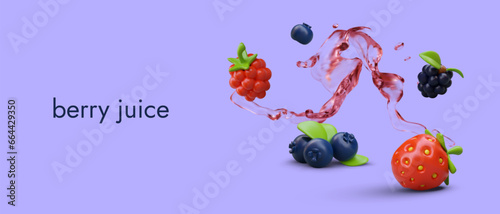 Berry juice. Realistic strawberry, blueberry, raspberry, blackberry, liquid splash. Vitamin tasty drink. Vegetarian product. Advertising concept with place for text
