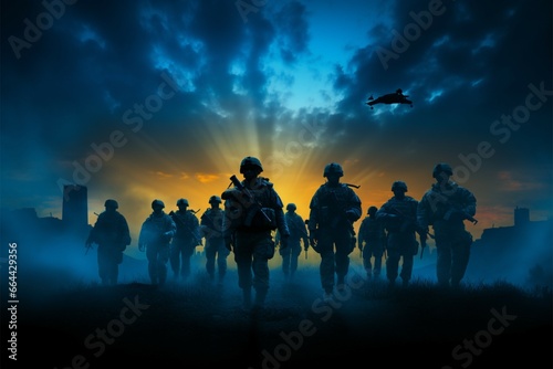 Silhouetted army soldiers, Defenders of Dusk, stand strong in twilight