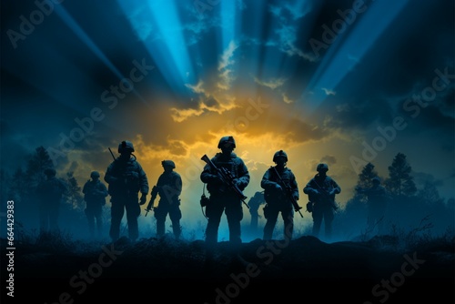 Silhouetted army soldiers in Guardians of the Night symbolize vigilance