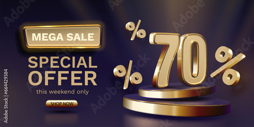 Mega sale, 70 special offer banner. Golden sign board promotion. Vector illustration