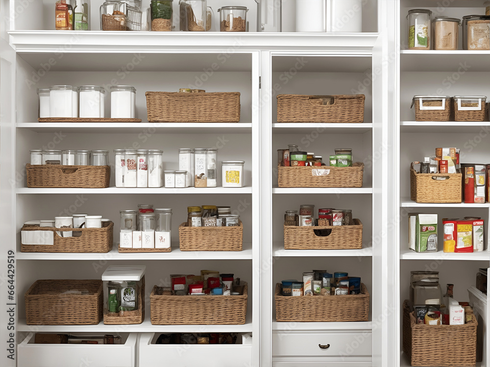 Despensa de alimentos organizada en una acogedora casa de estilo escandinavo en colores blancos. Vista de frente y de cerca.  IA Generativa