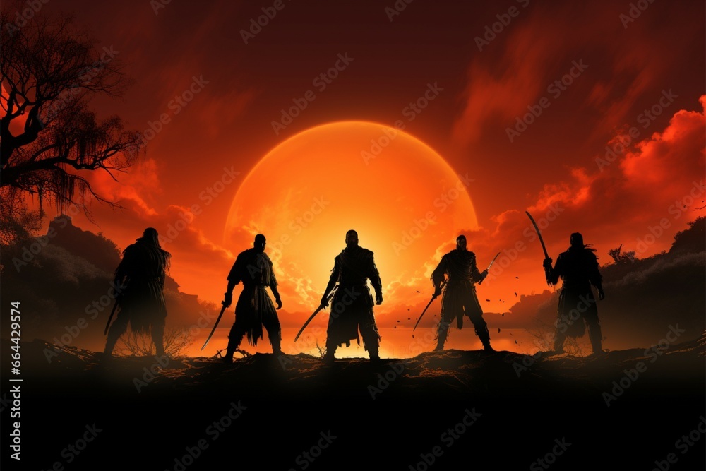 Silhouetted figures engage in a fierce battle from behind Silhouetted figures engage in a fierce battle from behind