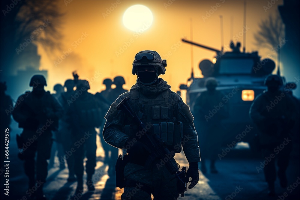 Silhouetted NATO soldiers framed by the formidable presence of military gear Silhouetted NATO soldiers framed by the formidable presence of military gear