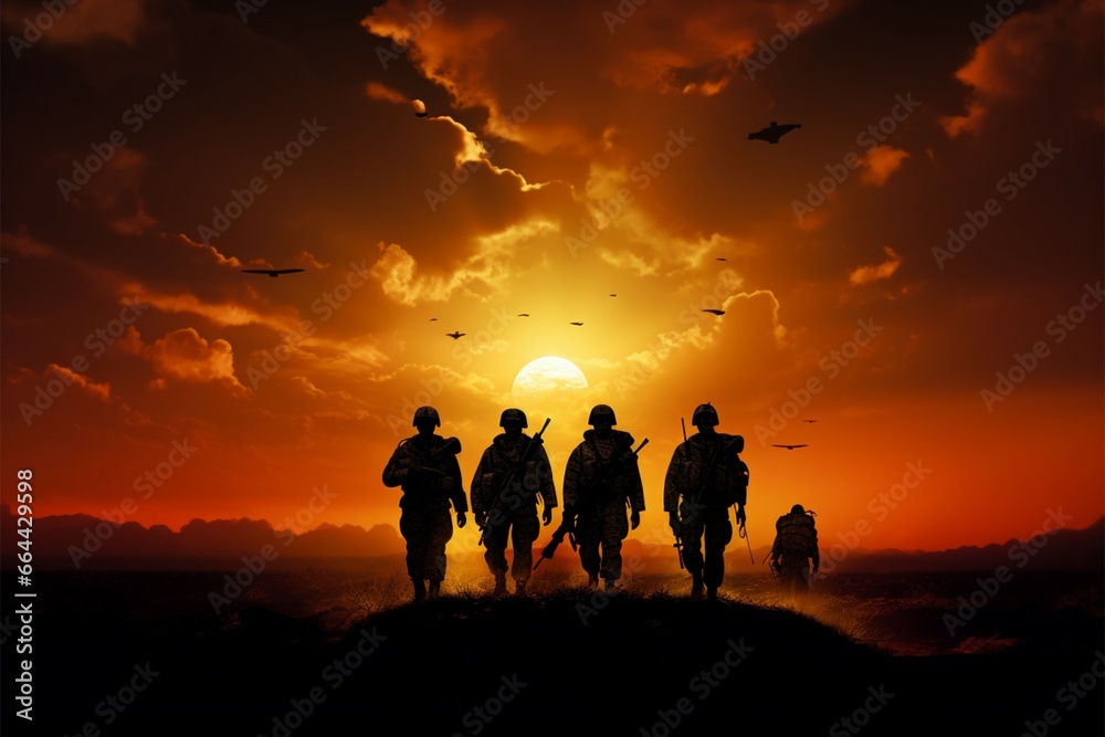 Silhouetted soldiers, a unit, under the captivating sunsets warm hues