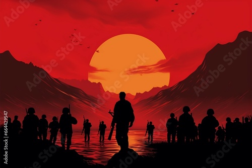 Silhouetted in red and black, Chinas volunteers march with determination