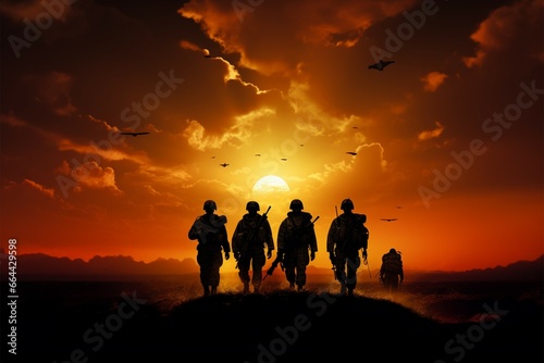 Silhouetted soldiers, a unit, under the captivating sunsets warm hues