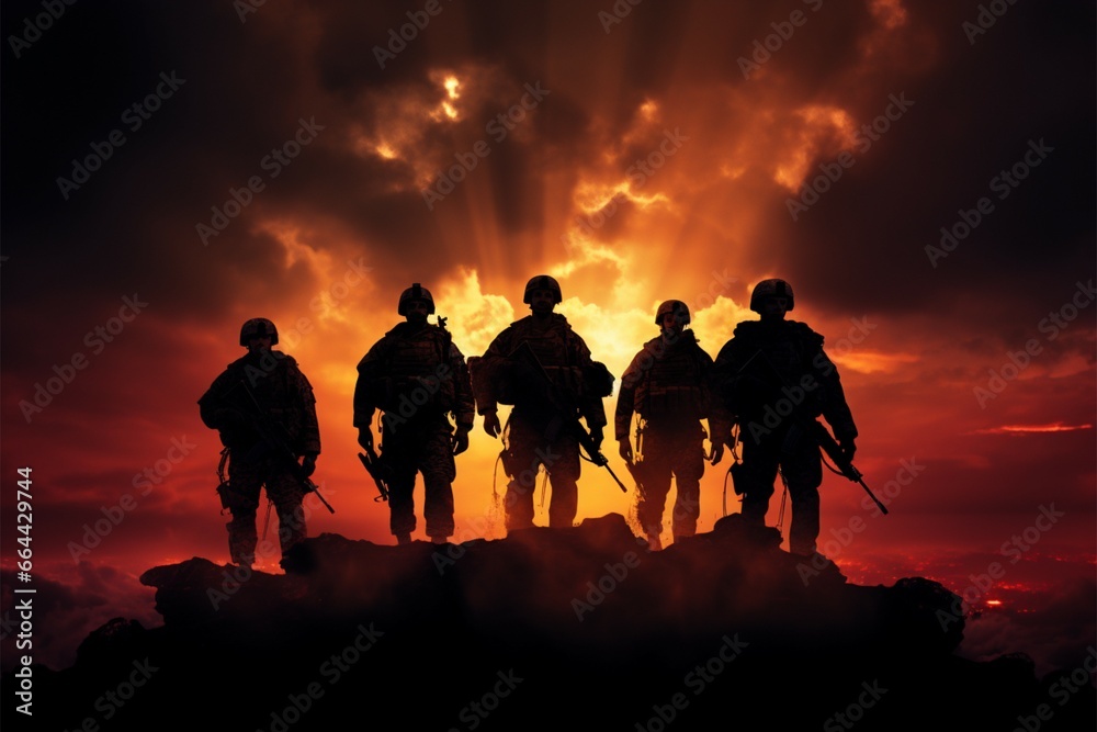 Silhouetted soldiers against a backdrop of intense and electrifying energy