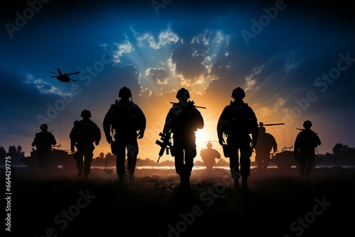 Silhouetted soldiers framed by the formidable presence of military gear