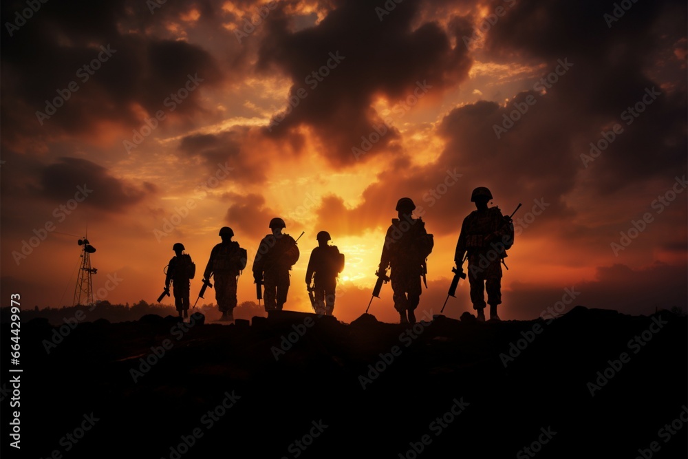 Silhouetted troops against a vivid, sun kissed canvas, symbolizing dedication