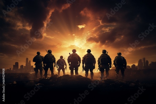 Silhouetted soldiers stand strong against the tranquil canvas of the sunset