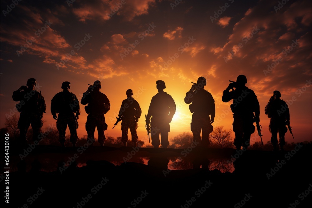 Silhouettes depict soldiers in diverse postures, honoring their commitment