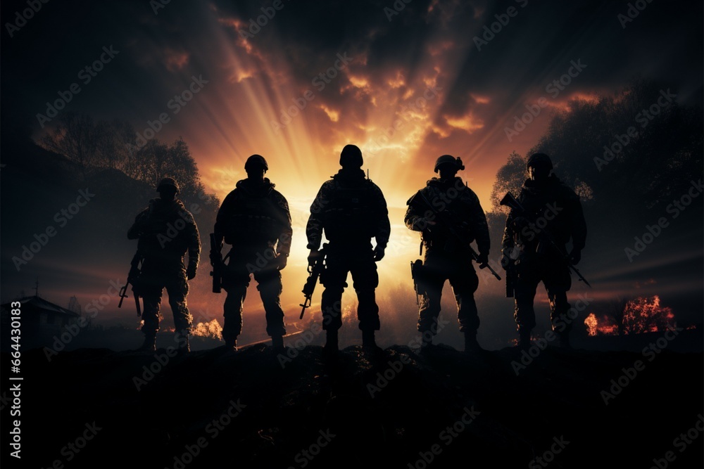 Silhouettes of airsoft participants showcase their teamwork and strategic prowess Silhouettes of airsoft participants showcase their teamwork and strategic prowess