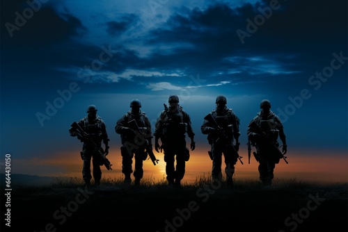 Silhouettes of a four person military squad symbolize teamwork and commitment