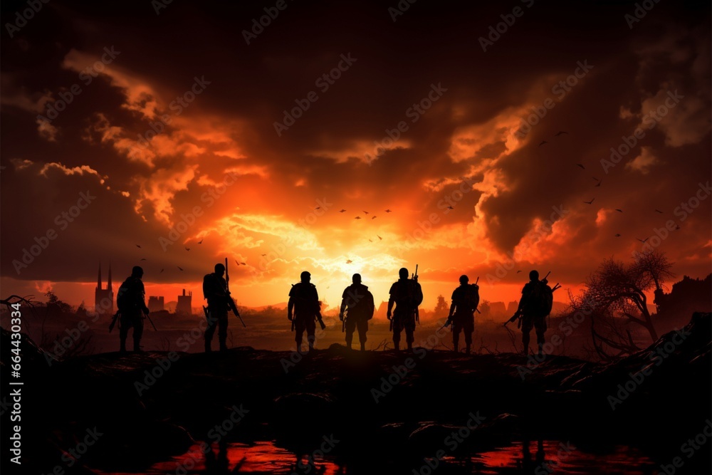 Silhouettes of warriors stand tall against the turbulent, battle scarred canvas