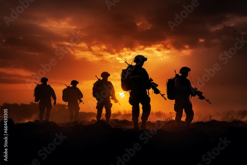 Silhouettes of soldiers on the battlefield, a testament to courage