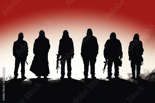Silhouettes of terrorists depicted in a stark and minimalist flat style photo