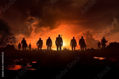Silhouettes of warriors stand tall against the turbulent, battle scarred canvas