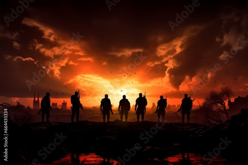 Silhouettes of warriors stand tall against the turbulent  battle scarred canvas