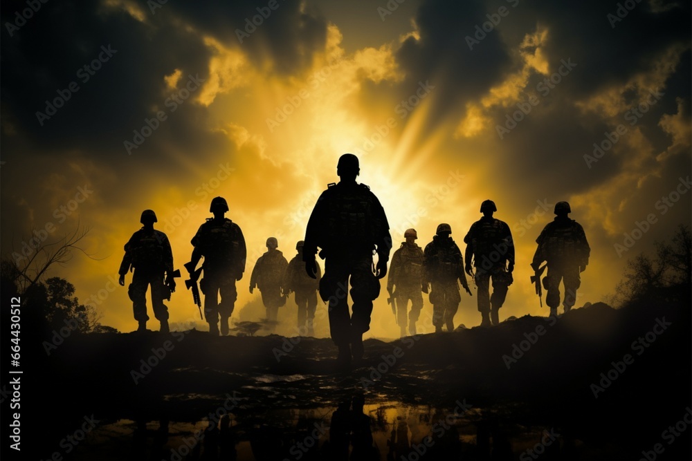 Soldier silhouettes, silent testament to their unwavering service and sacrifice - obrazy, fototapety, plakaty 