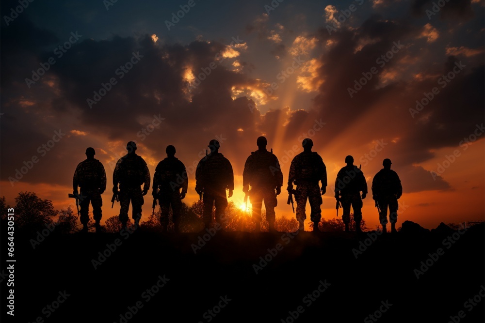 Soldiers against a golden sunset, an enduring symbol of valor - obrazy, fototapety, plakaty 