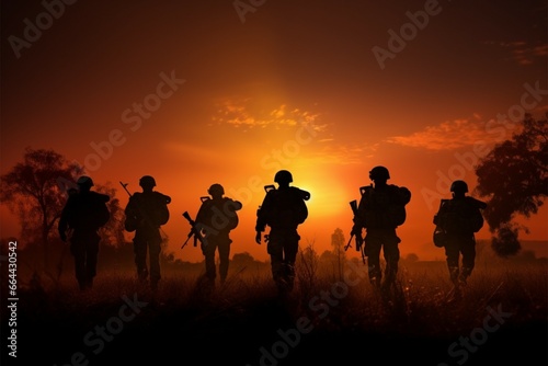 Soldiers at sunset, field silhouettes, a poignant, heroic scene