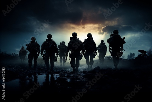 Soldiers close up silhouettes reveal their strength and determination