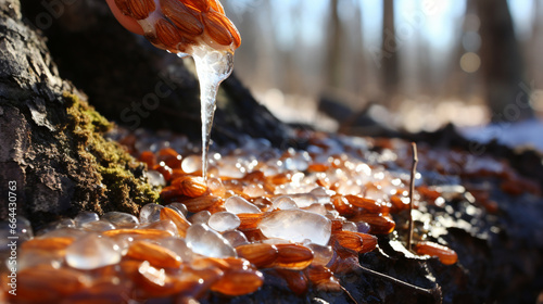 A maple tree trunk with a small tap and a spile attached, the first step in the process of gathering sap for maple syrup production photo