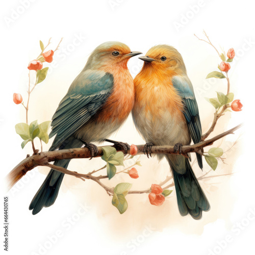 Two lovebirds perched on a tree branch in watercolor style © Waratchada