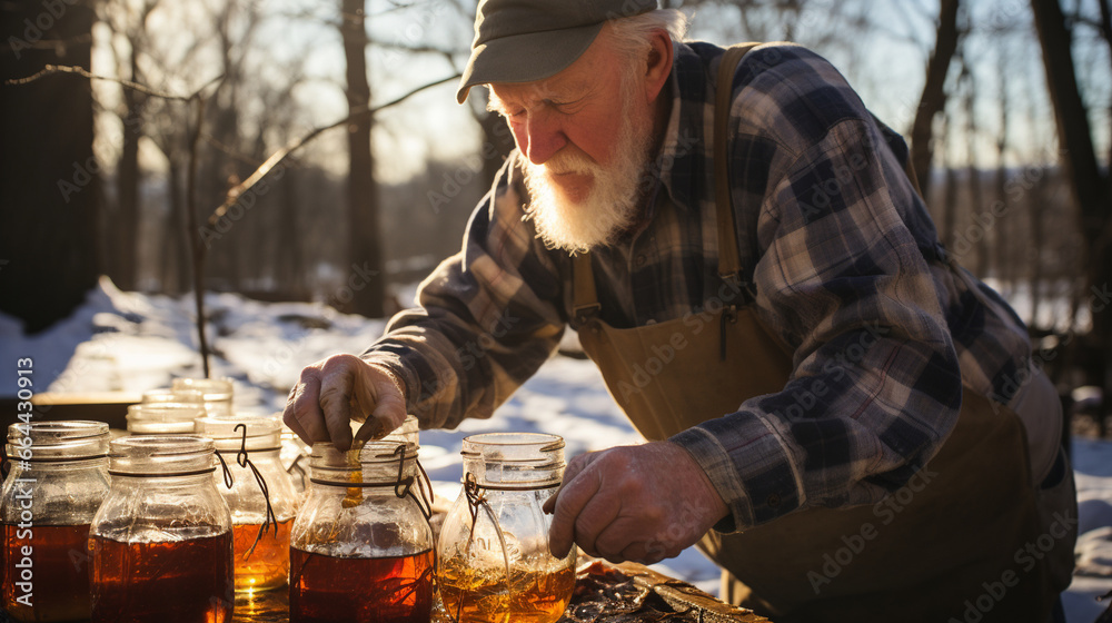 An experienced syrup maker testing the viscosity of freshly boiled maple syrup, capturing the moment it reaches the perfect consistency