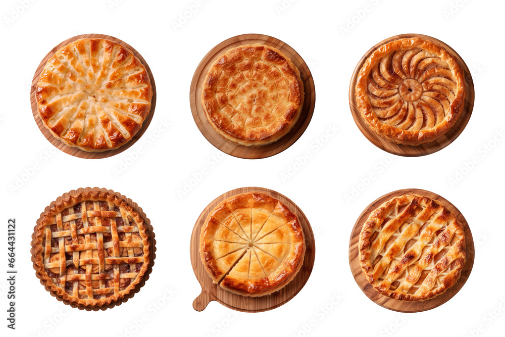 Collection of different tasty pies on wooden board isolated on transparent background, top view Collection of different tasty pies on wooden board isolated on transparent background, top view