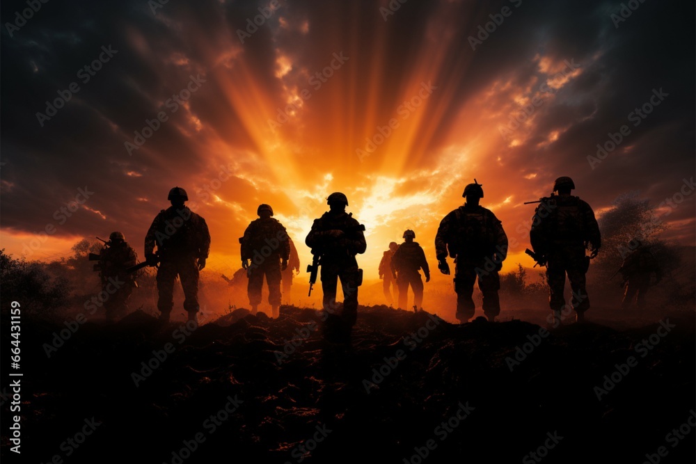 Soldiers silhouettes emerge boldly against the backdrops formidable strength