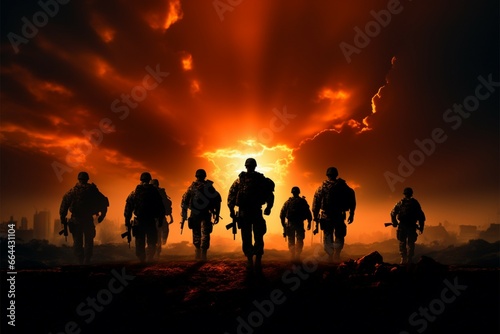 Soldiers silhouettes create a striking contrast against the dramatic background