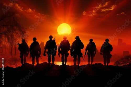 Soldiers silhouettes, designed for duty, against a commanding backdrop