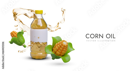 Advertising poster with 3d realistic bottle with corn oil, splash of oil and corn on white background, with place for text for store selling food. Vector illustration in yellow and green colors