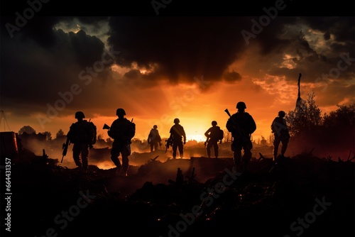 Soldiers silhouettes etched on a backdrop of chaotic battlefield drama