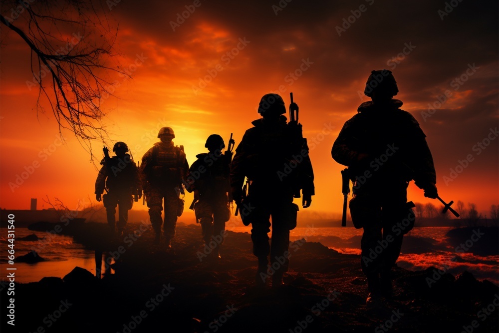 Soldiers silhouettes in Sunsets Sentinels resonate under the evening glow