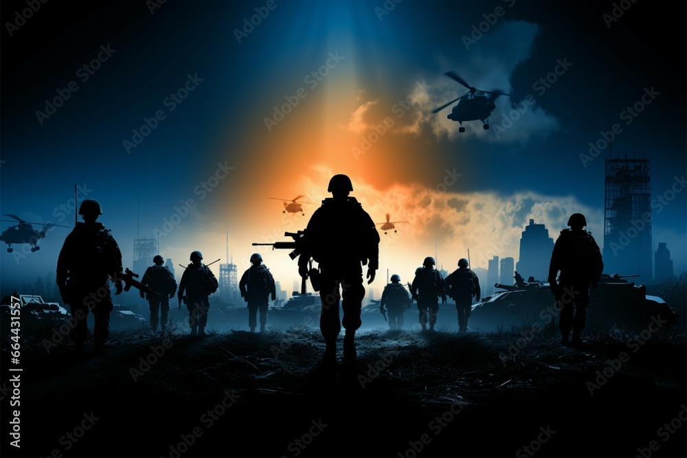 soldiers silhouettes juxtaposed with advanced military equipment in formation