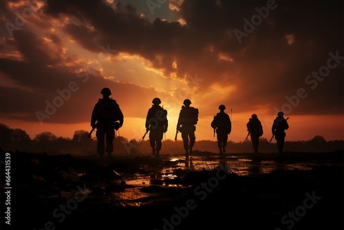 Soldiers silhouettes in the embrace of a radiant  setting sun
