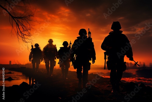 Soldiers silhouettes in Sunsets Sentinels resonate under the evening glow