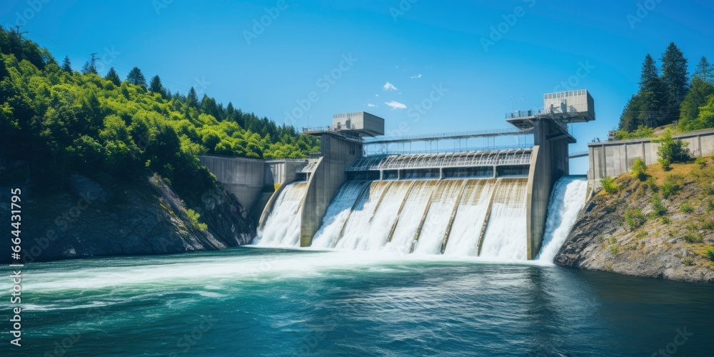 Hydroelectric dam generating green energy from flowing water.