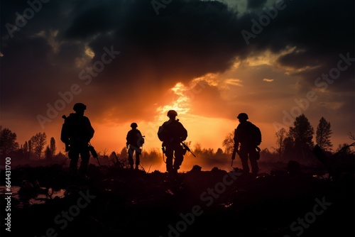 Soldiers silhouettes rise from the smoky aftermath of a battleground