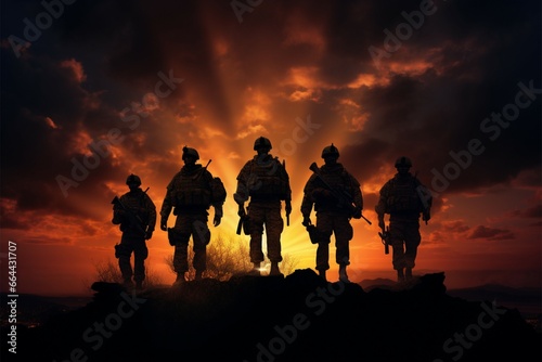 Soldiers silhouettes stand out boldly against the backdrops intense ambiance