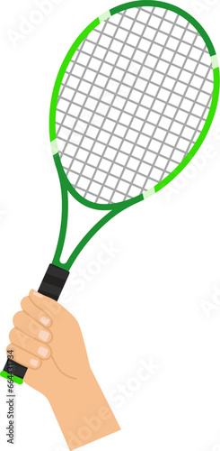 Illustration of hand holding tennis racket in flat sytle. Vector.