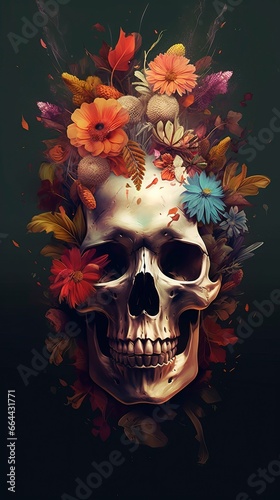 Skull flowers as collage on black background, from front side, created with AI  © WettE